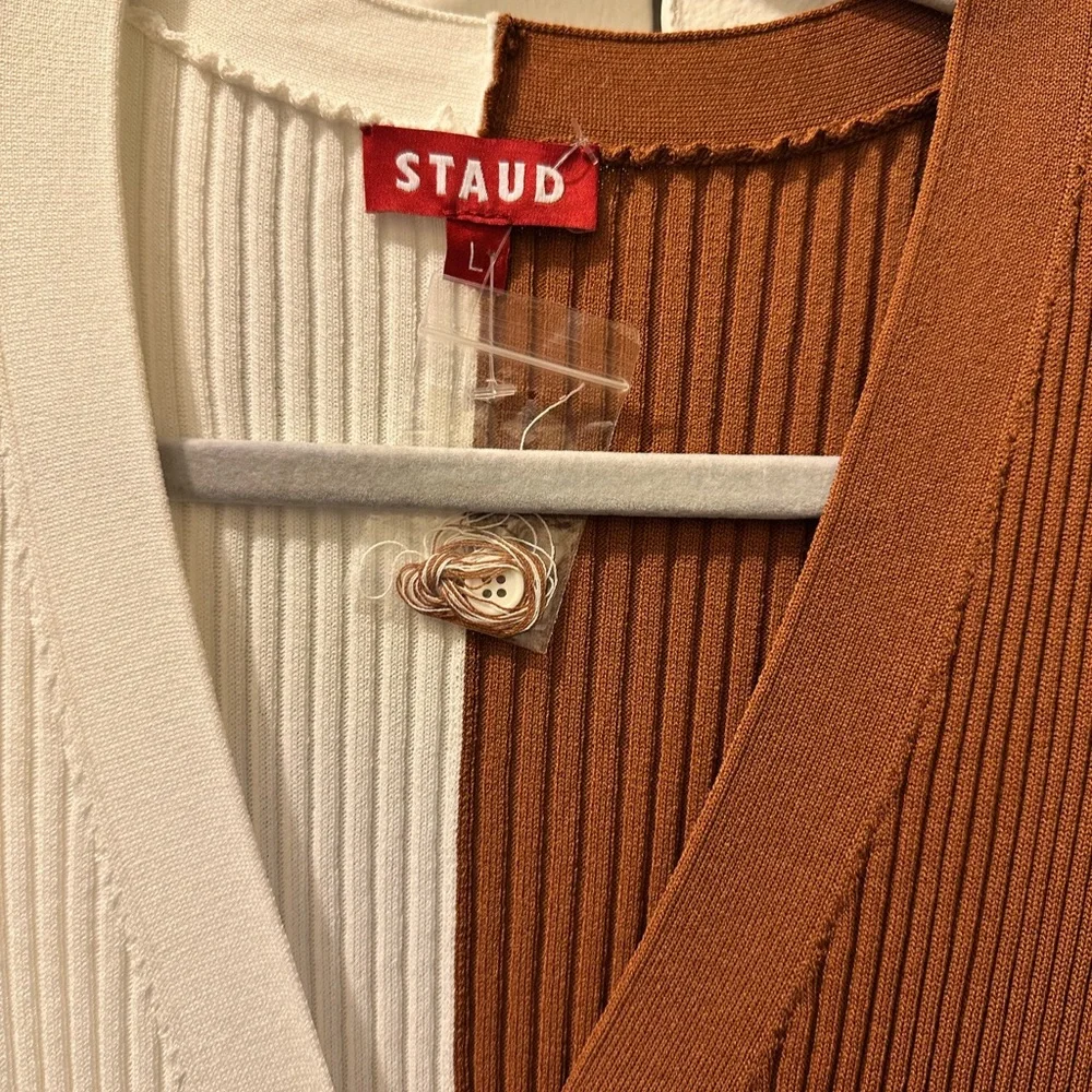 STAUD Long Sleeve Knit Dress in Cream and Brown Sz L - Picture 4 of 7